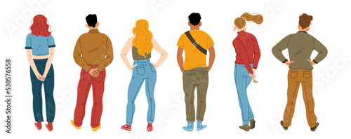 People from behind, male and female characters group stand in row rear view isolated on white background. Abstract young persons line backside position, Cartoon linear flat vector illustration © klyaksun
