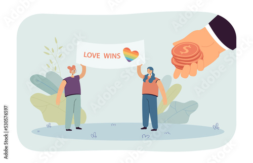 Hand giving money to activists at demonstration. Female characters standing with placard and rainbow heart flat vector illustration. LGBT support concept for banner, website design or landing web page