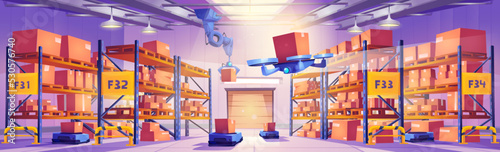 Robots in warehouse interior, automated machines, drone and cyborg arm work in storehouse loading boxes on palettes. Smart logistics equipment, cargo and postal service, Cartoon vector illustration