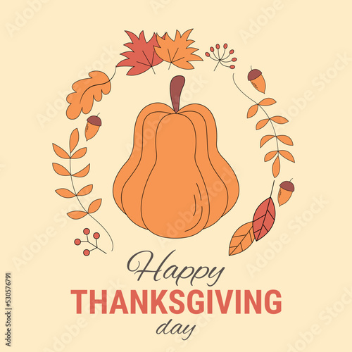 Thanksgiving cute cartoon poster. Vector autumn banner with yellow pumpkin and bright falling leaves. Greeting card for the fall season, holidays.