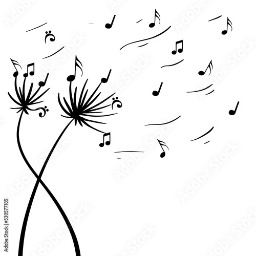 Hand drawing dandelion with music notes.