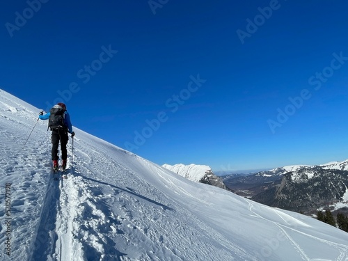 Man ski touring in the Austrian Alps. Bregenzerwald, Vorarlberg, Austria. © Maleo Photography