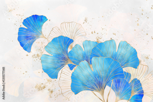 Brunch of Ginkgo Biloba leaves with golden lines in trendy style. Digital illustration