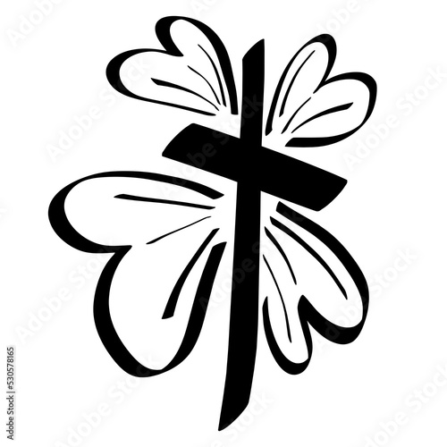 christian cross with radiance in the shape of hearts similar to a butterfly, black abstract pattern on a white background