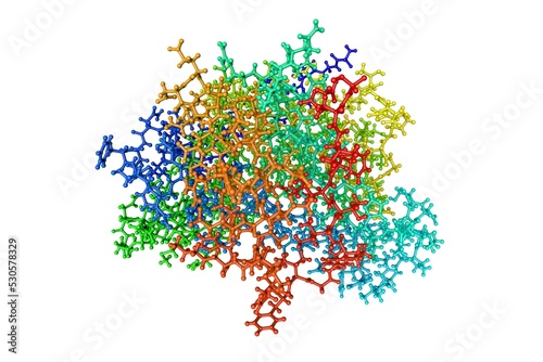 Cryogenic human heat-shock protein HSP 90a-NTD bound to adenine. Molecular model. Rendering based on protein data bank entry 7s90. Rainbow coloring from N to C. 3d illustration