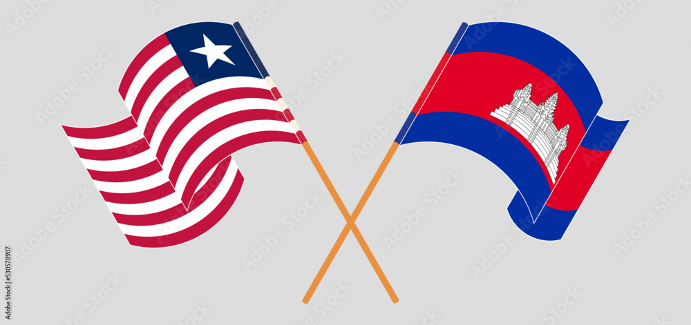 Crossed and waving flags of Liberia and Cambodia Crossed and waving flags of Liberia and Cambodia