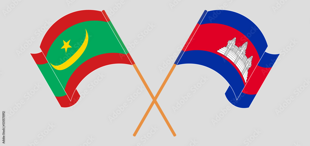 Crossed and waving flags of Mauritania and Cambodia