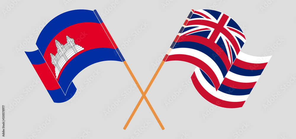 Crossed and waving flags of Cambodia and The State Of Hawaii Crossed and waving flags of Cambodia and The State Of Hawaii