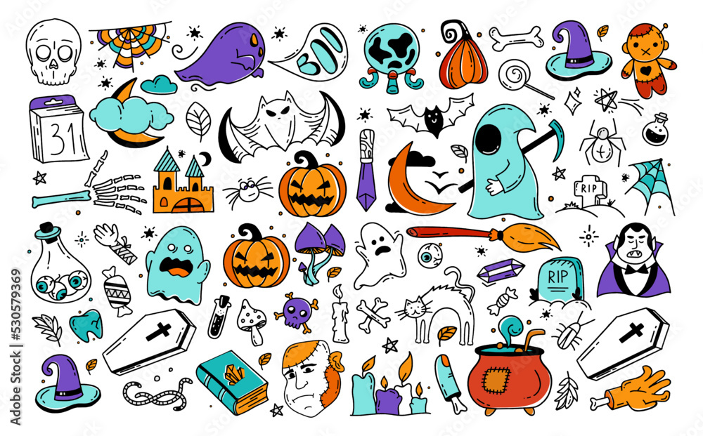 Fototapeta premium Large set of Halloween elements Doodle style vector design Illustration Isolated on white background