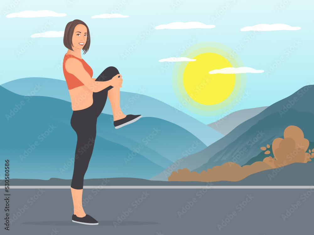 Young woman exercising or warming up to keep her body fresh and healthy. Healthy fitness concept vector illustration.