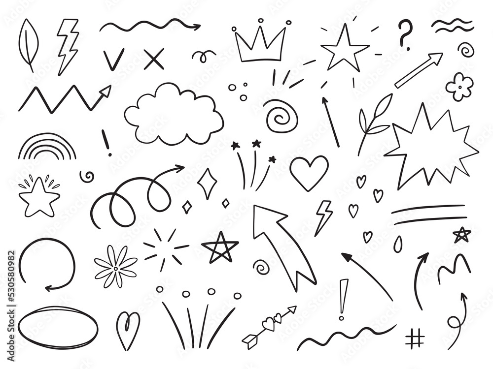 Hand drawn set of Abstract doodle elements. Arrows, heart, star, crown, signs and symbols Vector illustration isolated on white background Hand drawn set of Abstract doodle elements. Arrows, heart, star, crown, signs and symbols Vector illustration isolated on white background