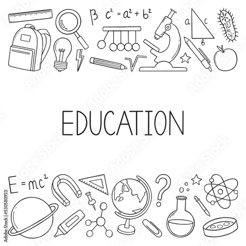Set of Education and Science doodle. Formulas in physics and mathematics, laboratory equipment in sketch style. Hand drawn vector illustration.