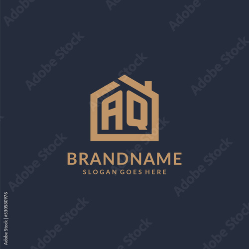 Initial letter AQ logo with simple minimalist home shape icon design