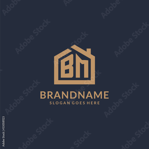 Initial letter BM logo with simple minimalist home shape icon design