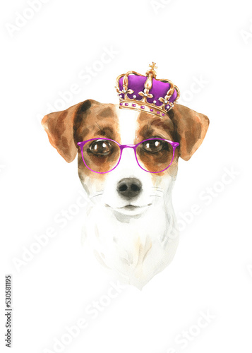 Fototapeta Naklejka Na Ścianę i Meble -  Watercolor  Jack Russell  illustration, cute dog breed, hipster portrait,funny character, cartoon dog in costume,clothes, accessories, hat, poster, card, invite, print,printable, flyer,it's a boy,diy