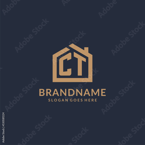 Initial letter CT logo with simple minimalist home shape icon design