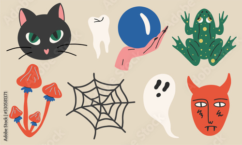 A set of stickers on the theme of Halloween. Cat, ghost, web, magic ball, demon, frog, mushroom, tooth. Isolated icons.