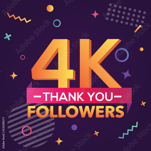 Thank you4 000 followers, thanks banner.First 4K follower congratulation card with geometric figures, lines, squares, circles for Social Networks.Web blogger celebrate a large number of subscribers.