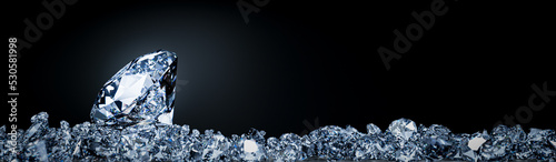 Large diamonds are placed on piles of diamonds of various sizes. Expensive jewelry displays piled up and some fell on the ground. 3D rendering