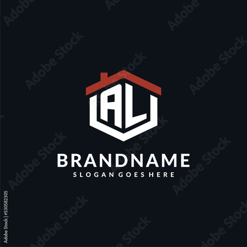 Initial letter AL logo with home roof hexagon shape design ideas