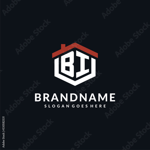 Initial letter BI logo with home roof hexagon shape design ideas