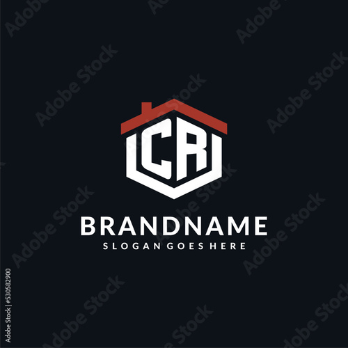 Initial letter CR logo with home roof hexagon shape design ideas