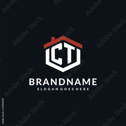 Initial letter CT logo with home roof hexagon shape design ideas