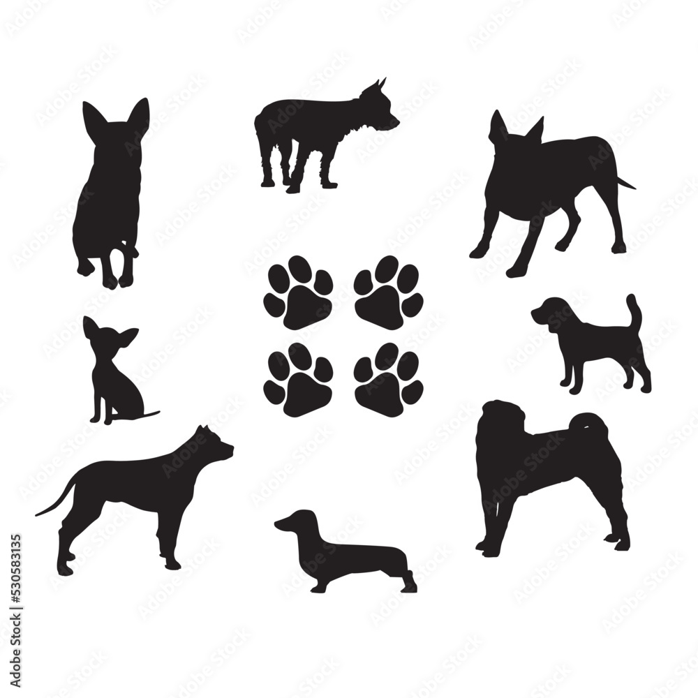 Set dog silhouette for compositions, pet, paw, puppy cut