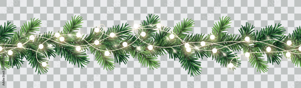 Vector seamless decorative christmas garland with coniferous branches and glowing light chain on transparent background - obrazy, fototapety, plakaty 