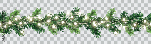 Vector seamless decorative christmas garland with coniferous branches and glowing light chain on transparent background