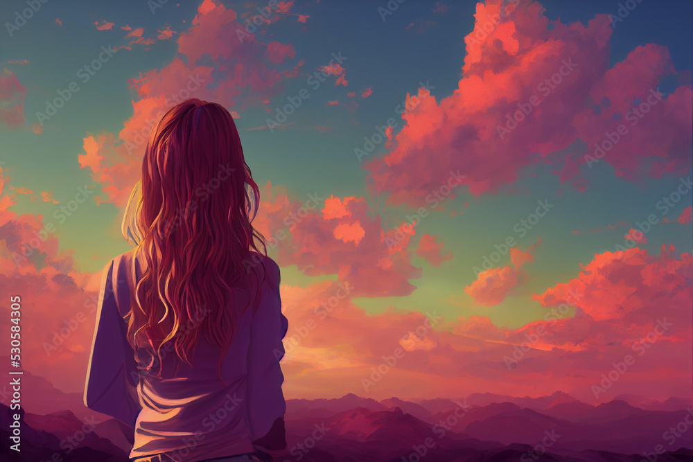 A painted picture of a girl looking at the beautiful sky
