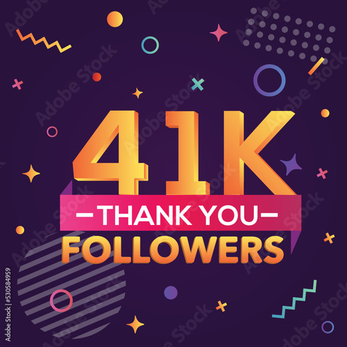 Thank you 41000 followers, thanks banner.First 41K follower congratulation card with geometric figures, lines, squares, circles for Social Networks.Web blogger celebrate a large number of subscribers.