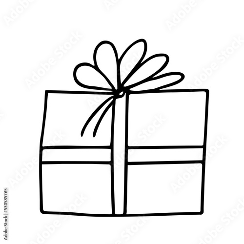 Hand drawn gift decorated with ribbon and bow. Doodle drawing style, minimalism, sketch. Isolated. Holiday vector illustration