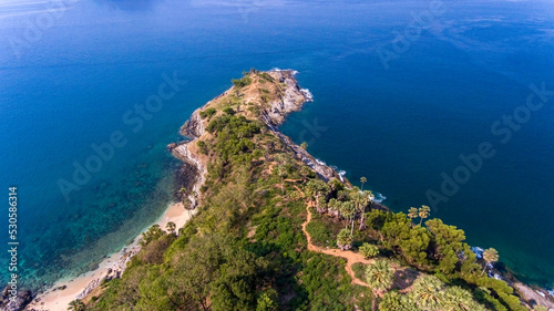 Promthep Cape is one of the most photographed locations in Phuket. Phromthep cape viewpoint at blue sea sky in Phuket, Thailand.