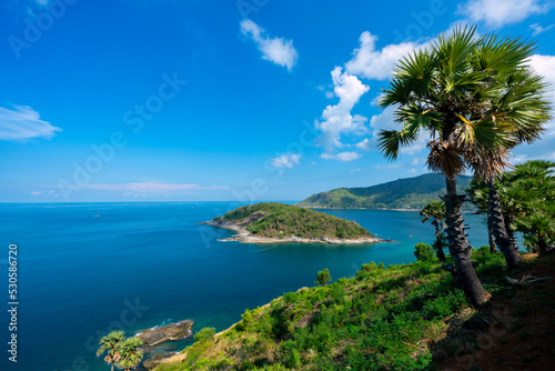 Promthep Cape is one of the most photographed locations in Phuket. Phromthep cape viewpoint at blue sea sky in Phuket  Thailand.