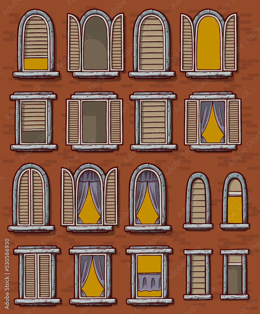 Cartoon modern different windows with curtains, open and closed