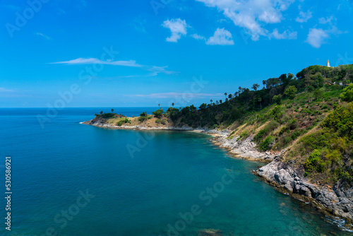 Promthep Cape is one of the most photographed locations in Phuket. Phromthep cape viewpoint at blue sea sky in Phuket  Thailand.