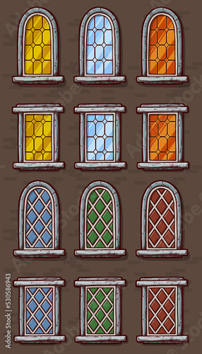 Cartoon vintage different windows with colorful stained glass in a frame on a brick wall. Facade elements for house exterior. Vector icons set.
