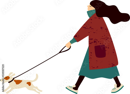 Cute girl with dog. Autumn illustration.