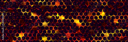 Volcanic lava with honeycomb stones texture top view. Hot magma surface. Broken ground with liquid fire. Abstract vector background. Cracked earth. Volcano eruption wallpaper