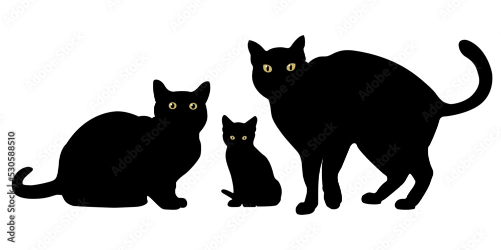Black Cats Silhouette on White Background. Cat and kitten. Father Mother and child. Icon Vector Illustration
