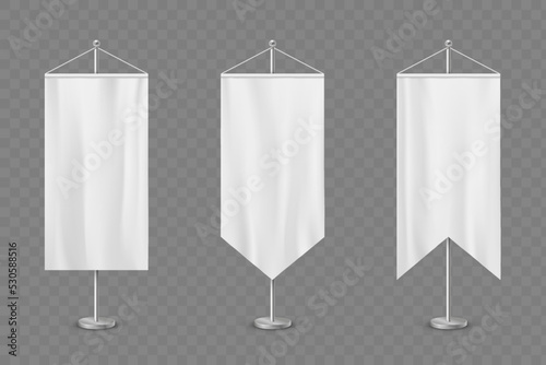 Mockup white long pennants on stands.