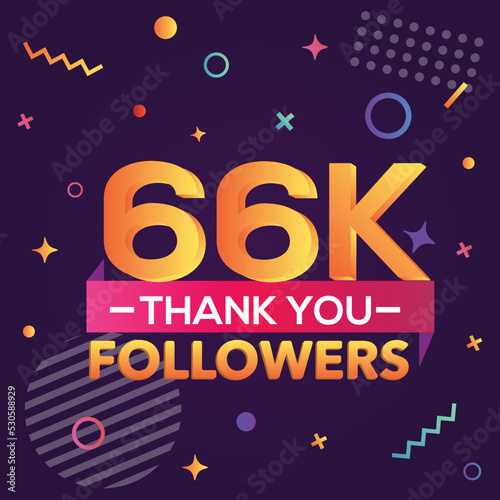 Thank you 66000 followers  thanks banner.First 66K follower congratulation card with geometric figures  lines  squares  circles for Social Networks.Web blogger celebrate a large number of subscribers.