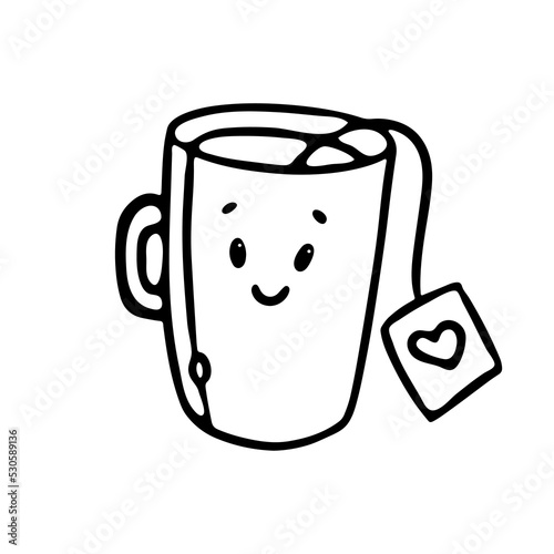 Kawaii Cup with tea bag outline cartoon doodle Vector Illustration.Cute mug with facial character for Coloring book