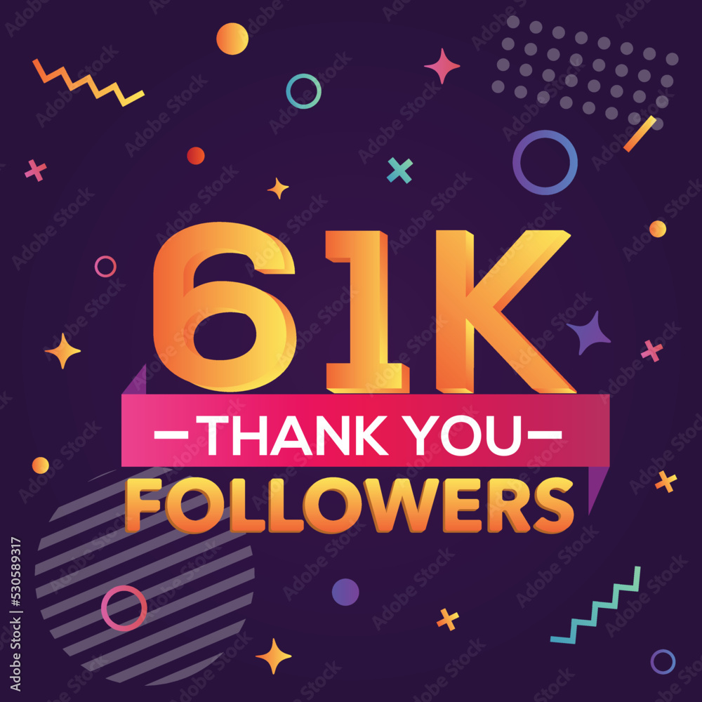 Thank you 61000 followers, thanks banner.First 61K follower congratulation card with geometric figures, lines, squares, circles for Social Networks.Web blogger celebrate a large number of subscribers.