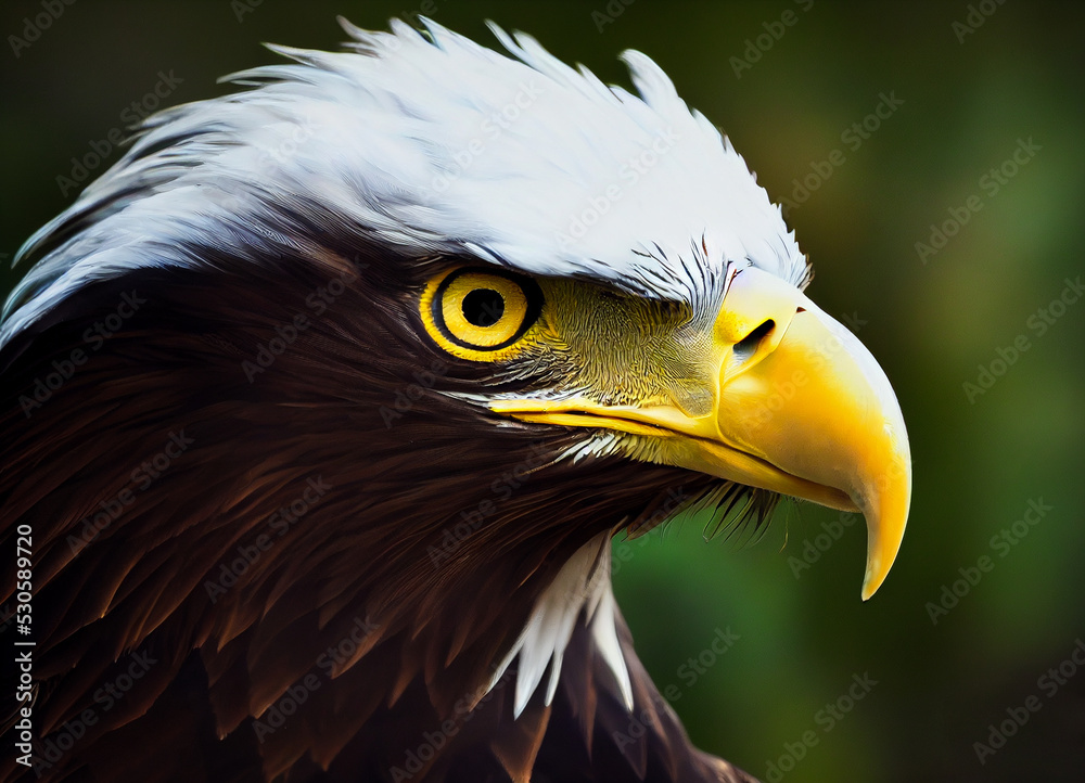 Fototapeta premium Close-up and image of a wild raptor for the protection of protected species, yellow beak and white head, fancy species of eagle