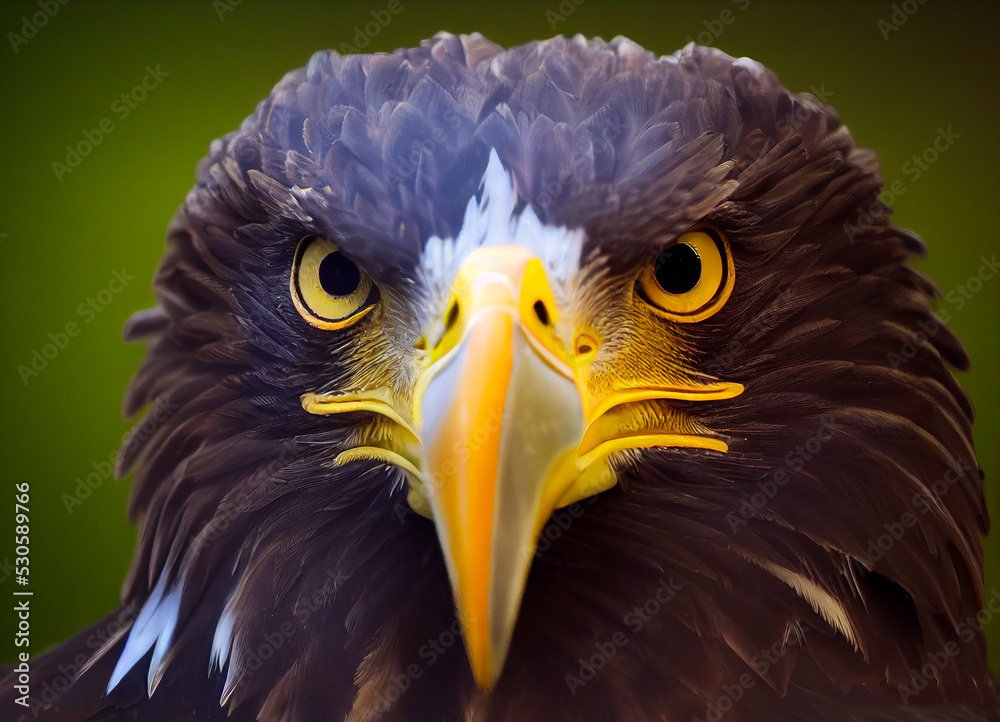 Fototapeta premium Raptor with yellow beak or protected golden eagle, close-up on its head and its look, realistic animal illustration of birds