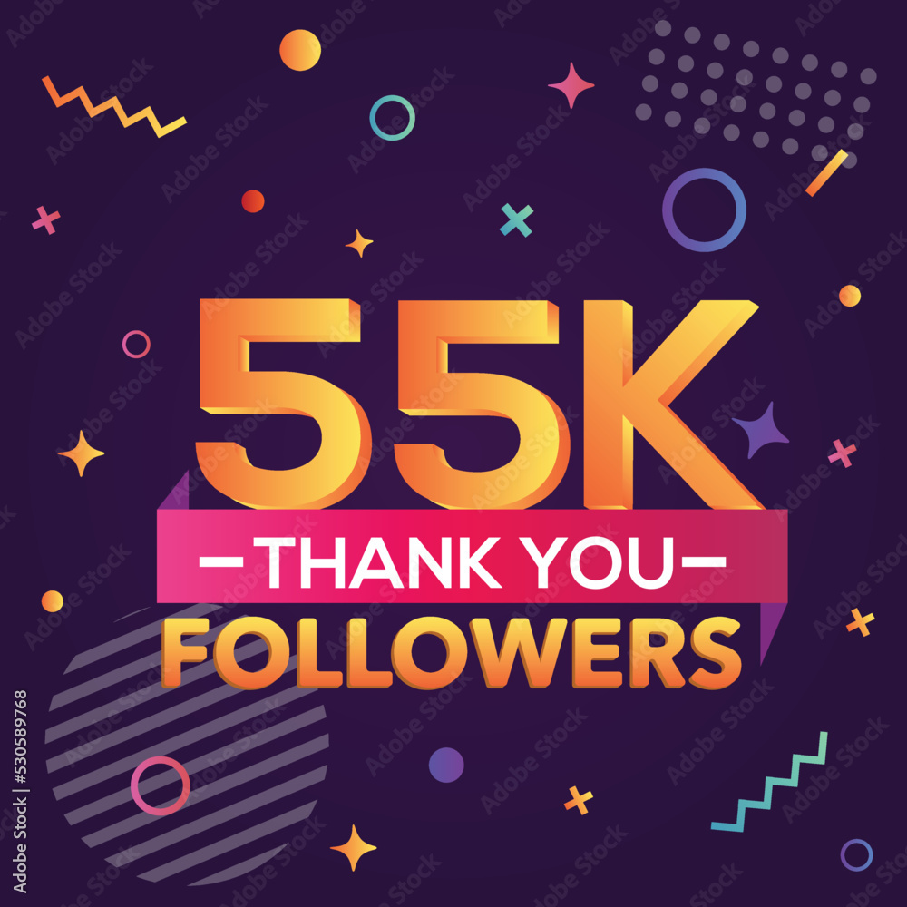 Thank you 55000 followers, thanks banner.First 55K follower congratulation card with geometric figures, lines, squares, circles for Social Networks.Web blogger celebrate a large number of subscribers.