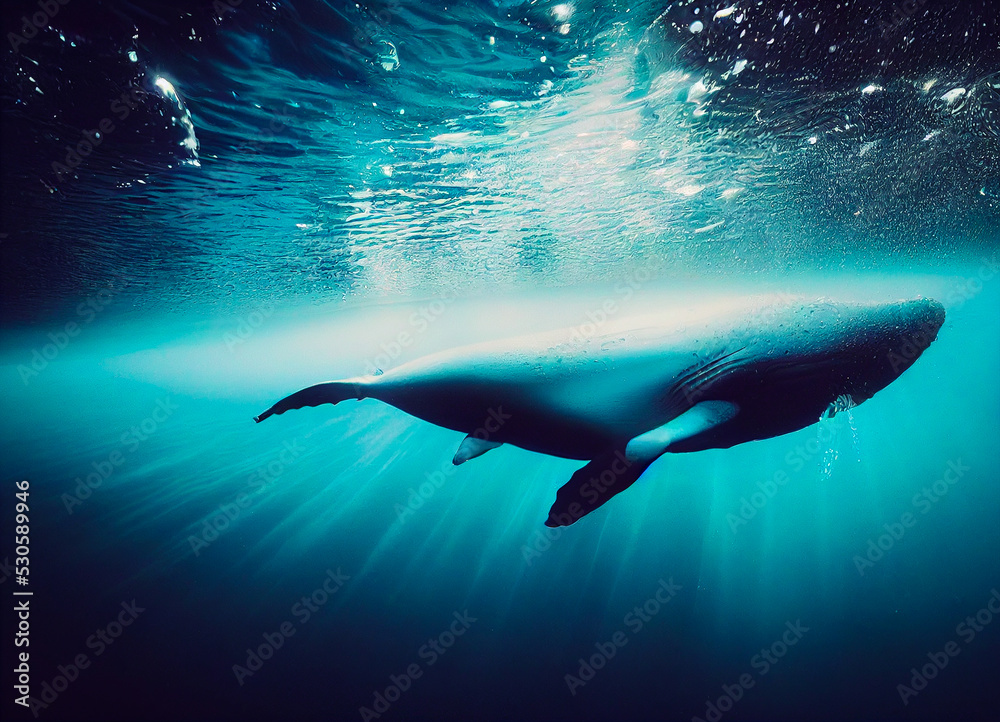 Whale swimming under water with bubbles and sun rays, realistic illustration Whale swimming under water with bubbles and sun rays, realistic illustration