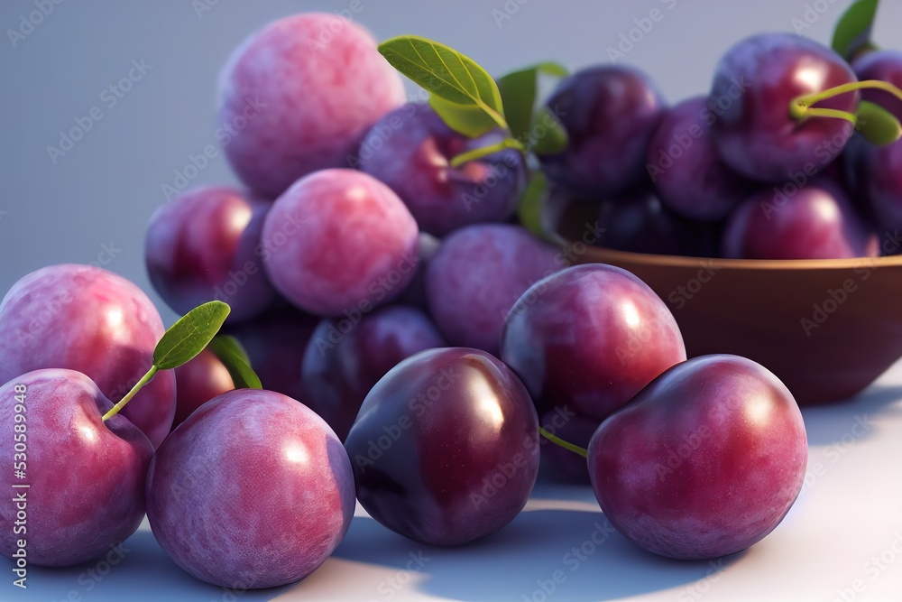 plums with leaves on a gray background. 3d render, Raster illustration.